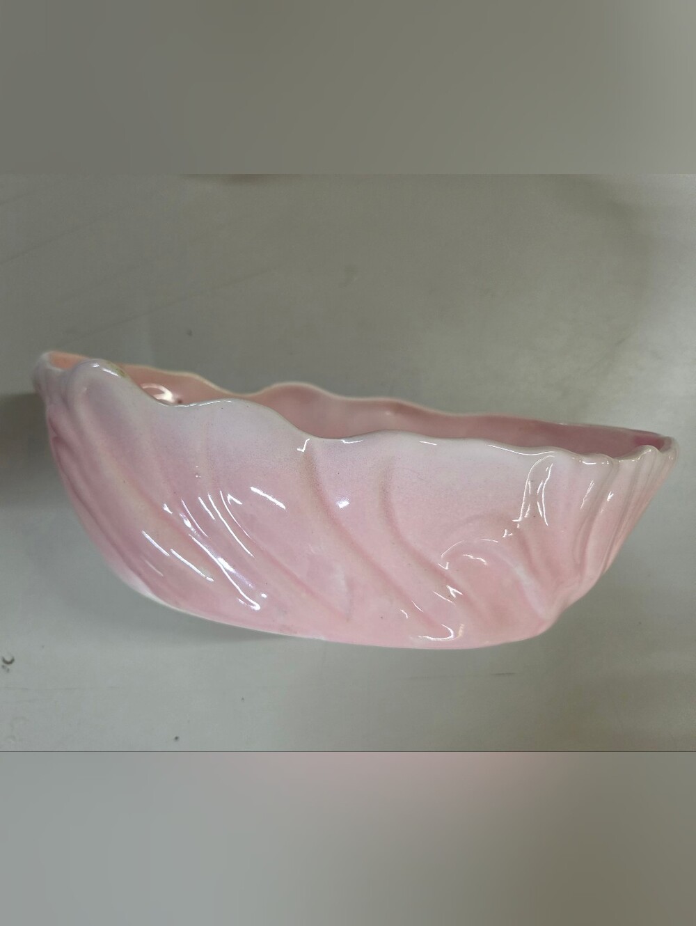 Vintage MCM Pink Swirl Ceramic Planter Shell Cabbage Leaf Boat Bowl